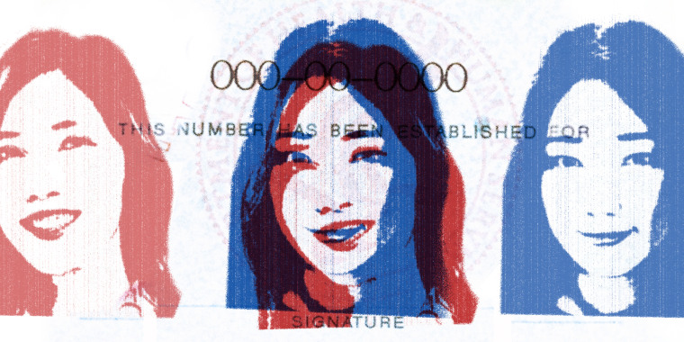 Photo illustration of the two women's faces superimposed over each other on top of a zoomed in section of the social security card.
