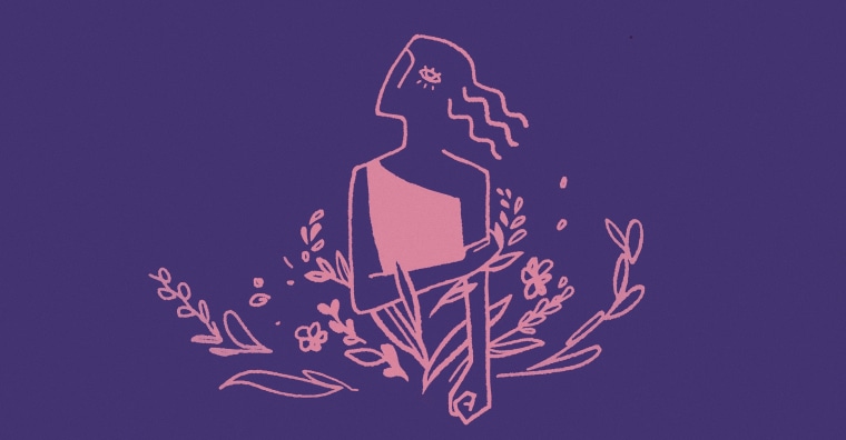 Simplified illustration of a girl with a clenched fist, surrounded by flowers sprouting from her.