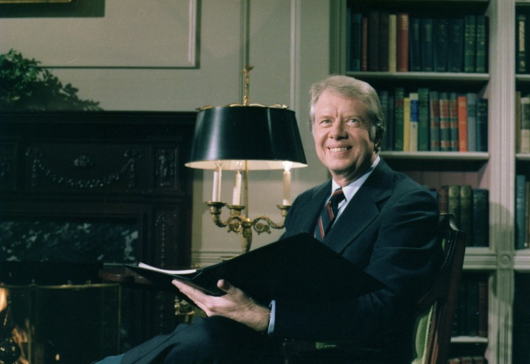 Jimmy Carter delivers his Fireside Chat from the library in the White House.