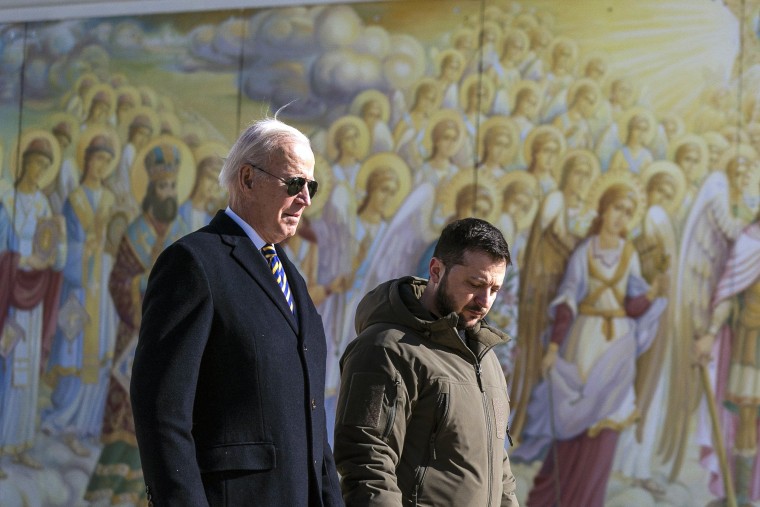 Image: President Joe Biden, left, walks with Ukrainian President Volodymyr Zelenskyy at St. Michaels Golden-Domed Cathedral during an unannounced visit, in Kyiv, Ukraine, on Feb. 20, 2023.