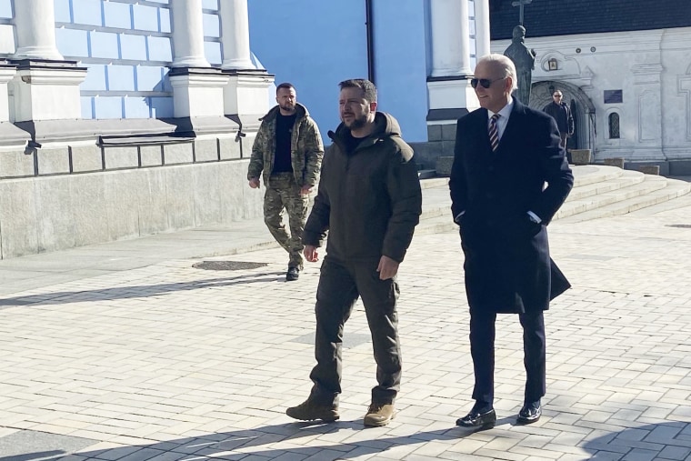 President Biden walks with Volodymyr Zelenskyy in Kyiv on Monday.