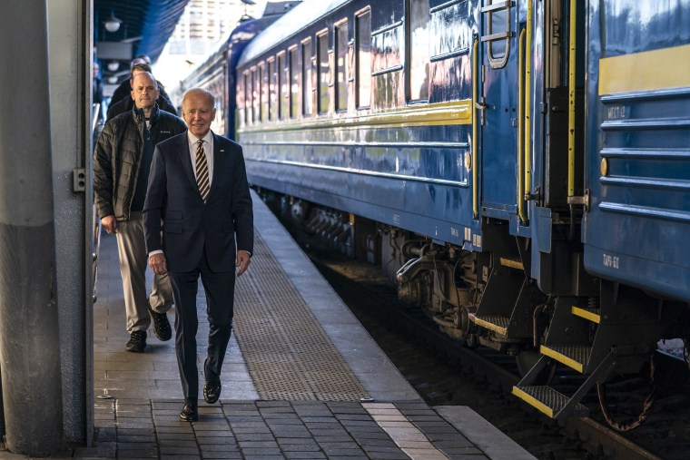 Image: President Joe Biden arrives for a surprise visit with Ukrainian President Volodymyr Zelenskyy, on Feb. 20, 2023, in Kyiv.