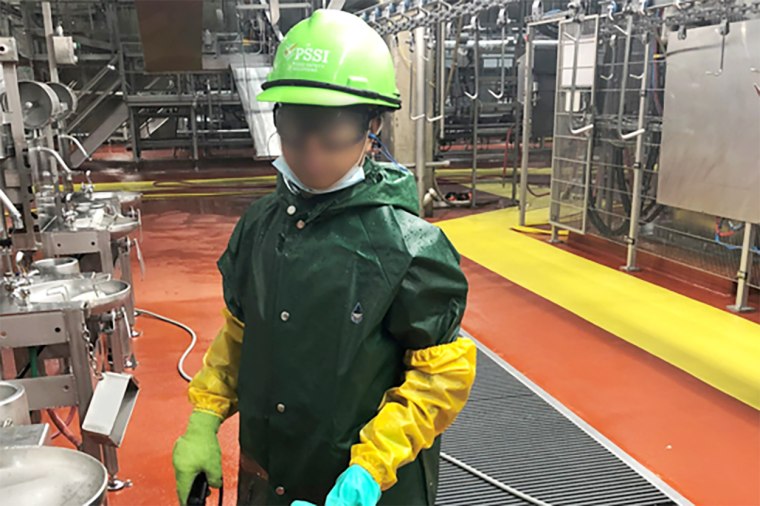 Photo taken by Department of Labor investigator of a child who worked for Packers Sanitation Services Inc. (PSSI). cleaning a slaughterhouse in Grand Island, Nebraska.