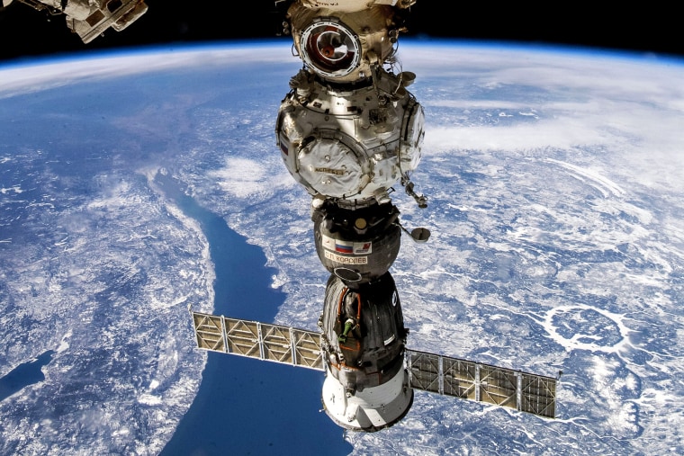 Image: A Russian spacecraft is docked at the International Space Station (ISS).
