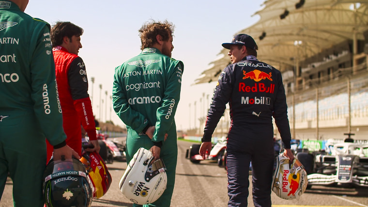 Sebastian Vettel of Aston Martin speaks to Max Verstappen of Red Bull in a still from "Drive to Survive" season 5.