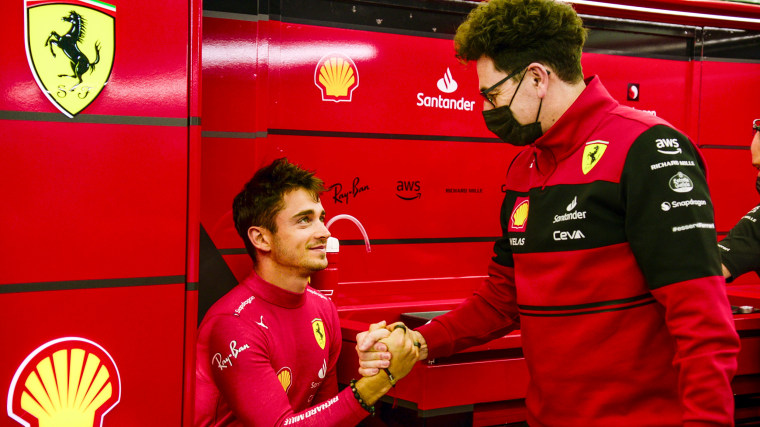 Ferrari's Charles Leclerc talks to Scuderia Ferrari team principal Mattia Binotto in a view "drive to survive" Season 5.
