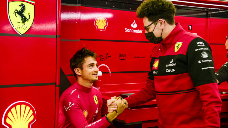 Charles Leclerc of Ferrari speaks to team principal of Scuderia Ferrari Mattia Binotto in a still from "Drive to Survive" season 5.