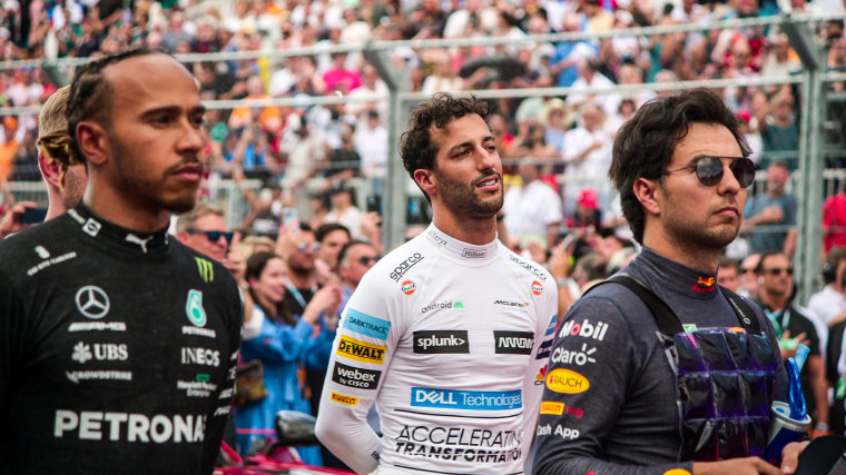 Lewis Hamilton of Mercedes, Daniel Ricciardo of McLaren and Sergio Perez of Red Bull in a still from "Drive to Survive" season 5.