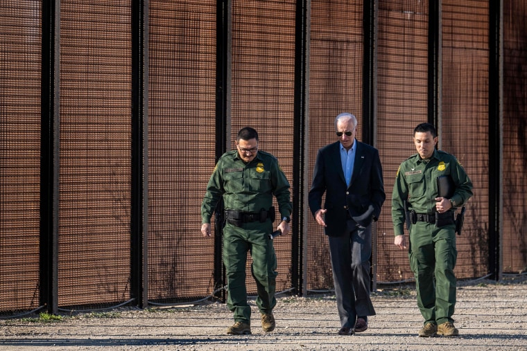 President Joe Biden speaks with Customs and Border Protection officers in El Paso, Texas, on Jan. 8, 2023.