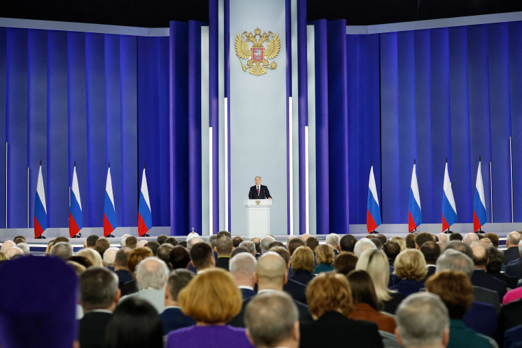 Putin speaking in Moscow on Feb. 21, 2023. 