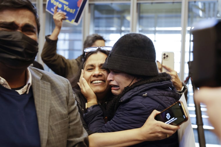 People react to the passage of an ordinance to add caste to Seattle's anti-discrimination laws in the Seattle City Council chambers, Tuesday, Feb. 21, 2023, in Seattle. Council Member Kshama Sawant proposed the ordinance.
