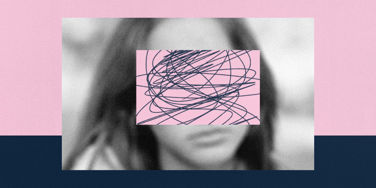 Photo illustration of a sullen, blurry teenaged girl covered by a block of hectic scribbles.