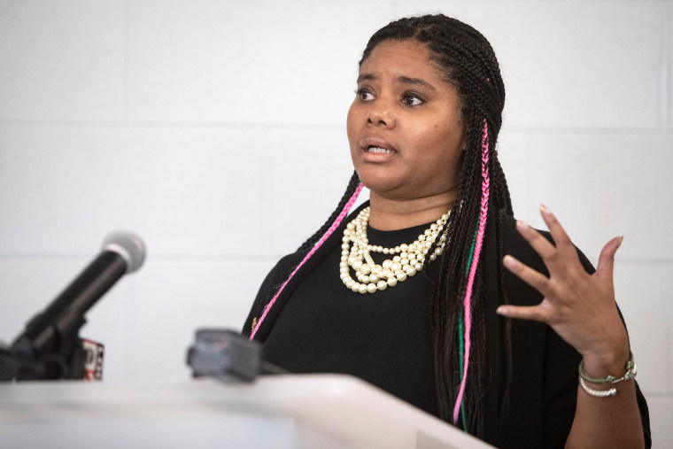 Shelby County Schools board member Miska Clay-Bibbs speaks before the building tour of Alcy Elementary School in Memphis, Tenn., on Wednesday, April 7, 2021. Alcy Elementary