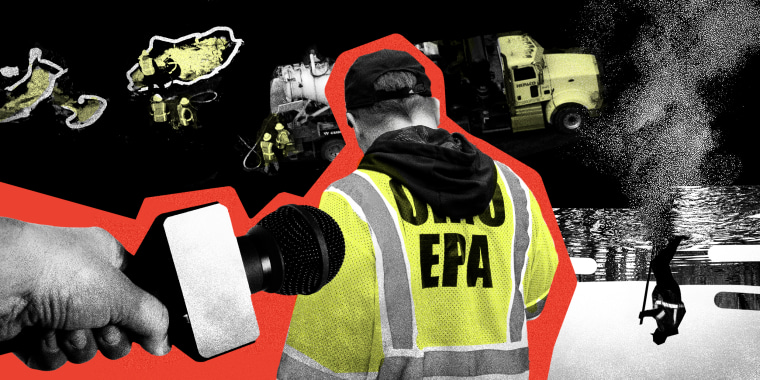 Photo collage of the cleanup of the derailment, smoke, a man with a yellow vest that says "OHIO EPA," and a press microphone.