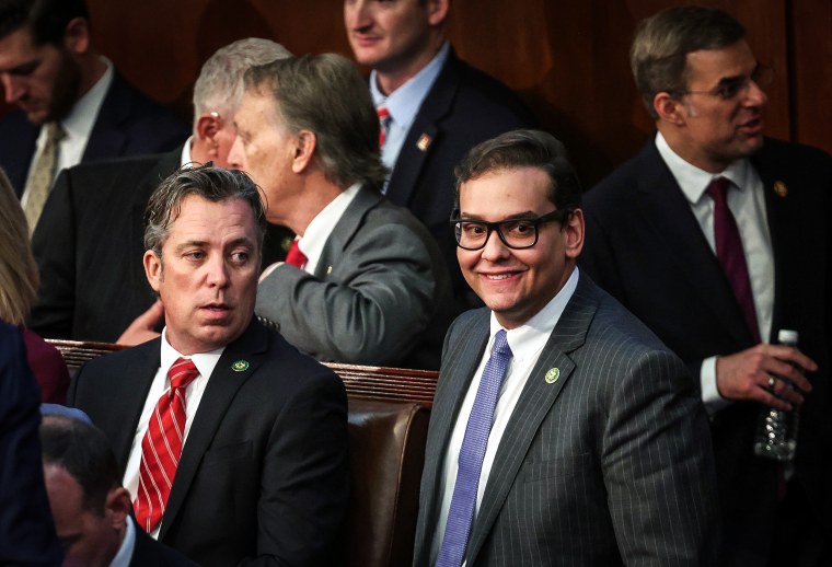 Image: Rep.-elect George Santos, R-N,Y., talks to Rep.-elect Andy Ogles, R-Tenn., in the House Chamber during the second day of elections for Speaker of the House at the U.S. Capitol on Jan. 4, 2023.