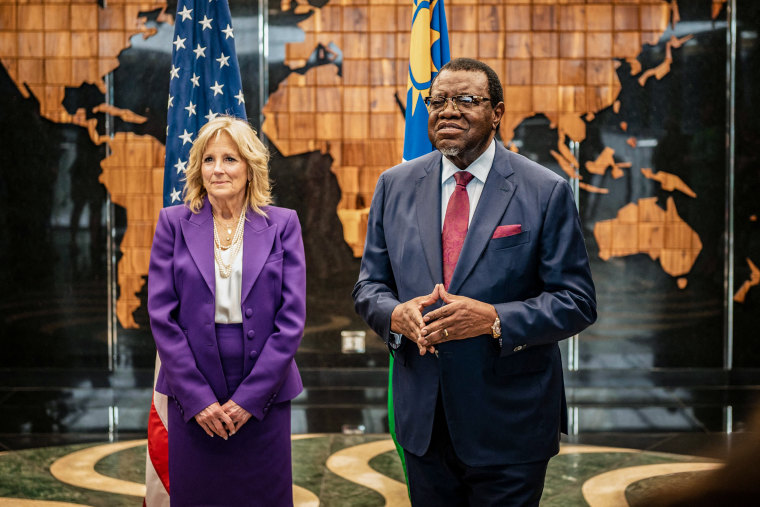 Image: Namibian President Hage Geingob and U.S. first lady Jill Biden at the State House in Windhoek on Feb. 22, 2023.