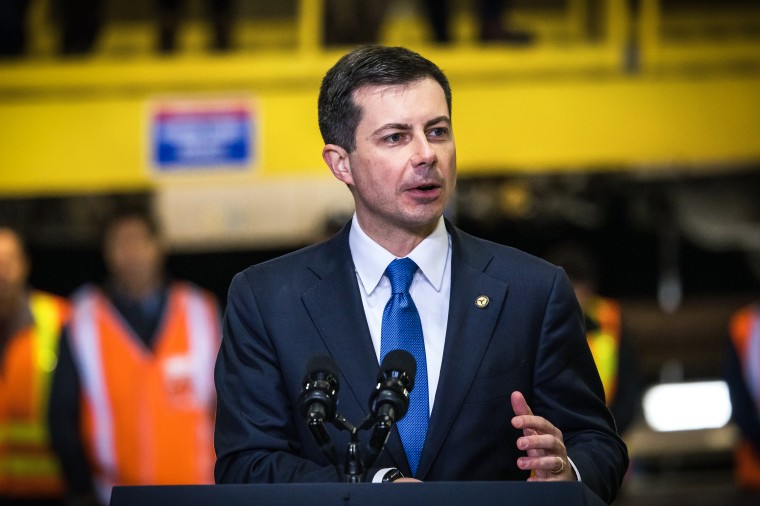 Image: Transportation Secretary Pete Buttigieg gives a speech on the Hudson River tunnel project at the West Side Yard on Jan. 31, 2023 in New York.