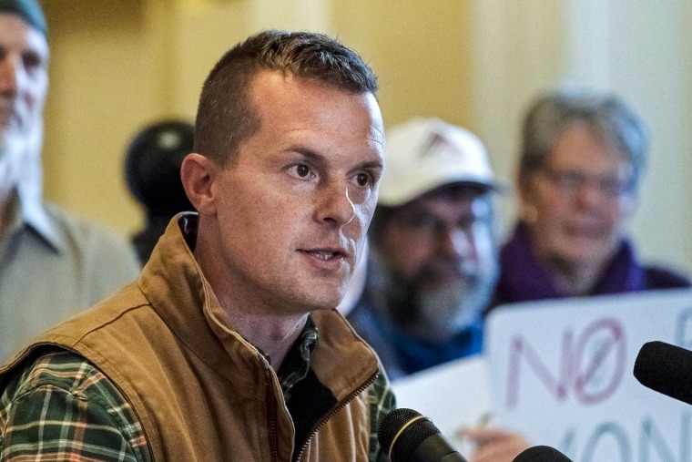 Rep. Jared Golden, D-Maine, speaks at a news conference, on Nov. 1, 2022, at the State House in Augusta, Maine. 