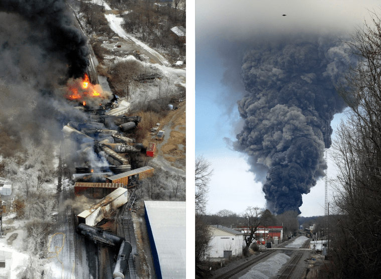 Image: At left, the Norfolk Southern freight train in flames after derailing near East Palestine on Feb. 4, 2023. At right, the plume of smoke rises from the derailment scene after a controlled detonation.