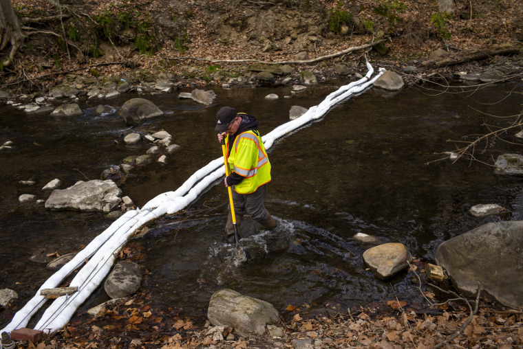 Image: An EPA Emergency Response employee checks for chemicals and signs of fish at the Leslie Run Creek in East Palestine on Feb. 20, 2023.