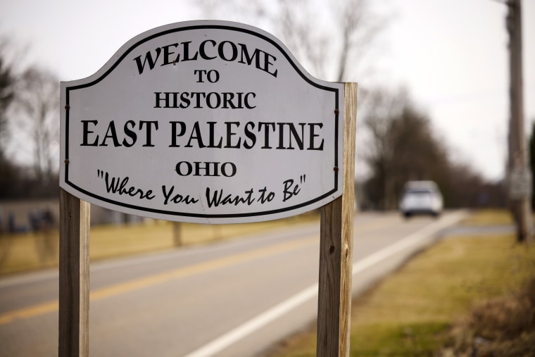 Image: A sign welcomes visitors to East Palestine, Ohio. 