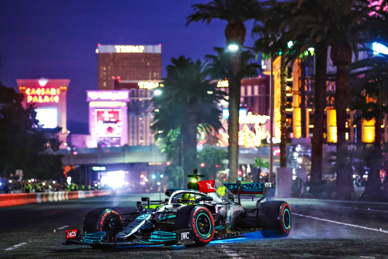 Lewis Hamilton of Mercedes during the Formula 1 Las Vegas Grand Prix 2023 launch party on Nov. 5, 2022 on the Las Vegas Strip.