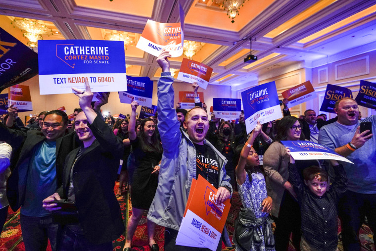 Supporters of Sen. Catherine Cortez Masto, D-Nev., react as she speaks during an election night party hosted by the Nevada Democratic Party on Nov. 8, 2022, in Las Vegas.