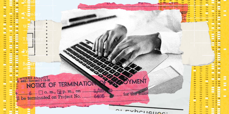 Photo Illustration: An image of a Black employee typing, surrounded by archival images of termination notices (pink slip), time cards, and ripped paper