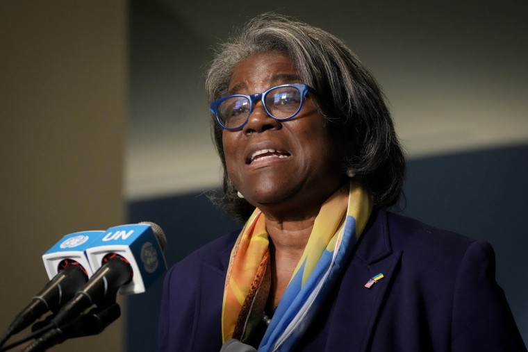 Linda Thomas-Greenfield speaks to the press at the United Nations' headquarters