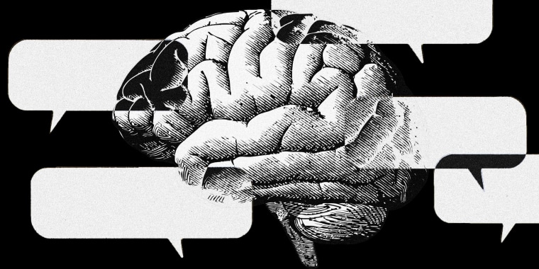 Photo Illustration: A BW illustration of a brain overlapped with chat bubbles