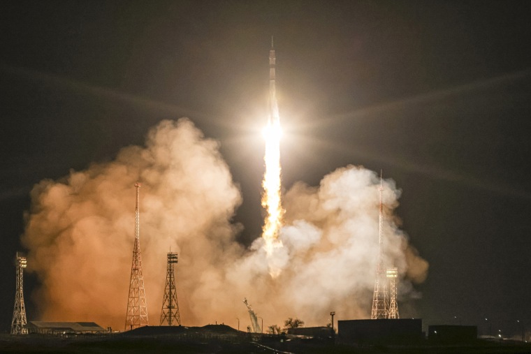 The new empty Soyuz MS-23 capsule blasts off at the Russian leased Baikonur cosmodrome in Baikonur, Kazakhstan