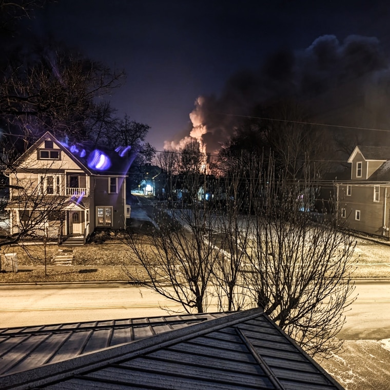 The view from Wendy Snyder's window on Feb.  3, 2023, the night of the train derailment in East Palestine, Ohio.