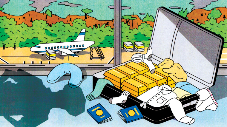 Drawn illustration of an open suitcase with clothes, socks, passports and solid gold bars at an airport in Brazil near the rainforest. A police officers shadow hovers nearby.
