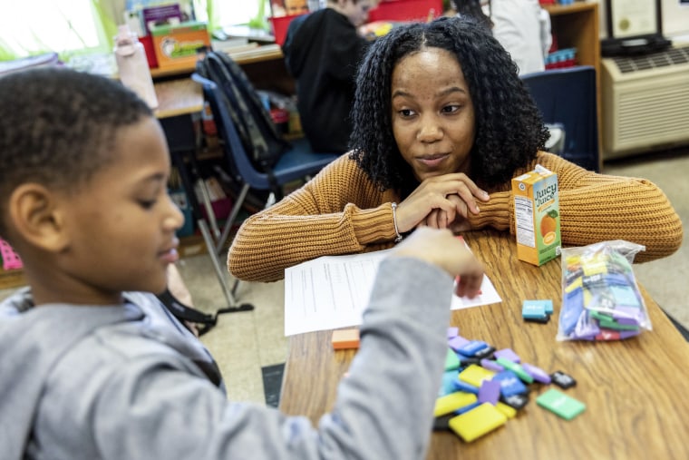 Image: Student teacher Sara Neal teaches math at Whitehall Elementary School on Jan. 24, 2023, in Bowie, Md. 