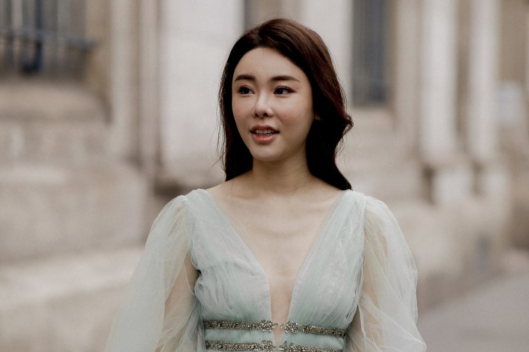 Abby Choi arrives at Elie Saab Haute Couture fashion show in Paris