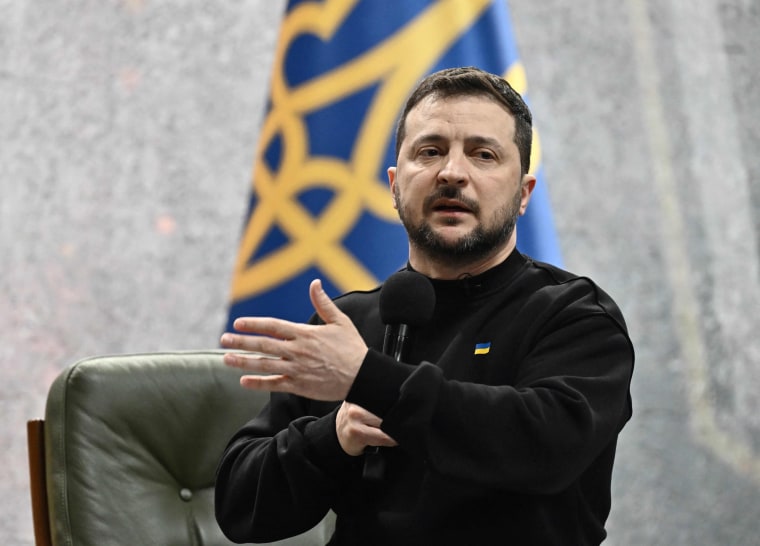 Ukrainian President Volodymyr Zelenskyy speaks during a press conference in Kyiv, Ukraine