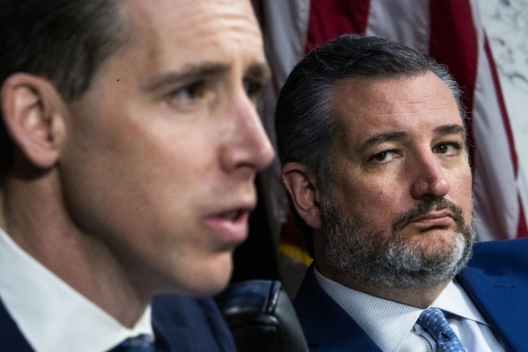 Sen. Josh Hawley, R-Mo., left, questions witnesses alongside Sen. Ted Cruz, R-Texas, on the fourth day of the Senate Judiciary Committee confirmation hearing for Judge Ketanji Brown Jackson on March 24, 2022.