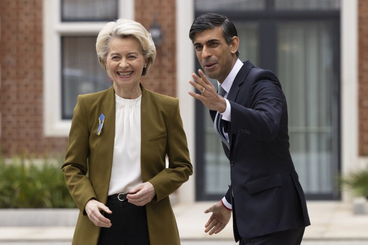 Britain's Prime Minister Rishi Sunak greets European Commission President Ursula von der Leyen at the Fairmont Hotel in Windsor, England, on Feb. 27, 2023. 