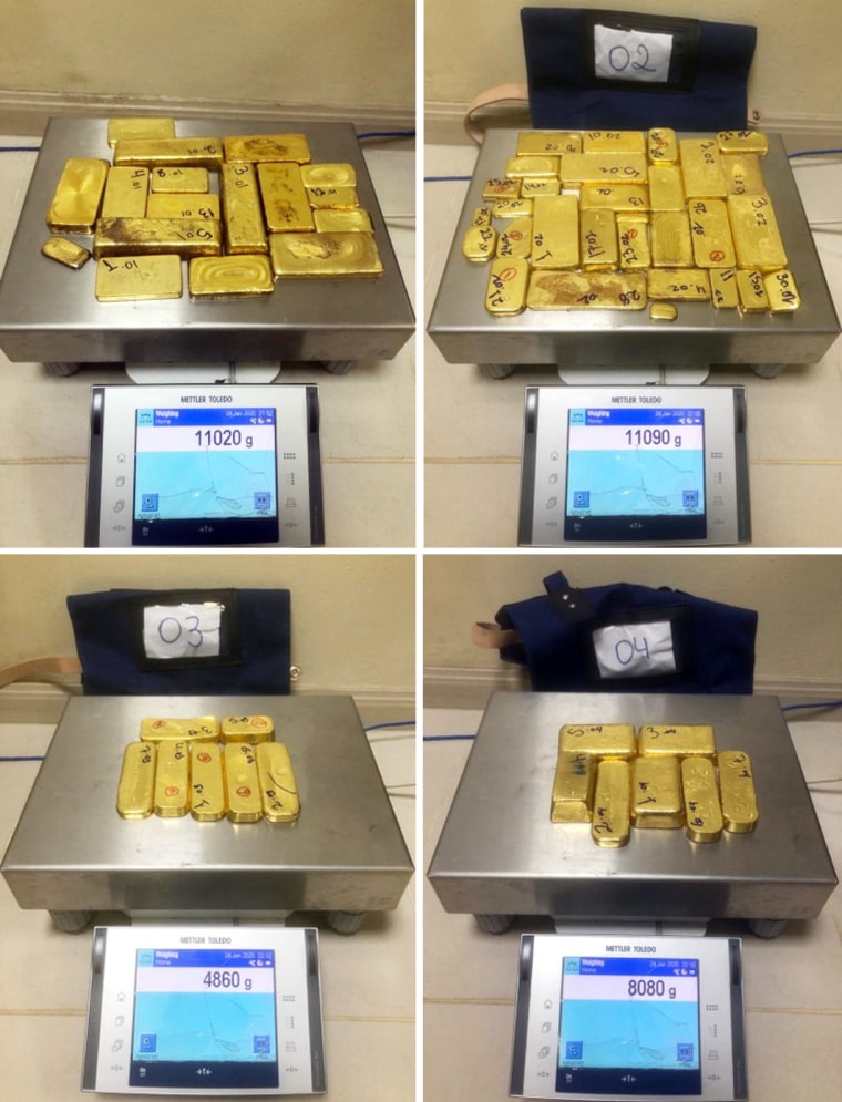 There were 61 gold bars, weighing a total of 77 pounds, according to a police report. The value: $1.4 million.
