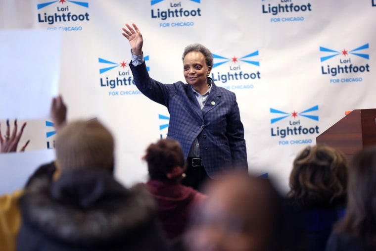 Chicago Mayor Lori Lightfoot greets supporters at a campaign rally on Feb. 25, 2023.