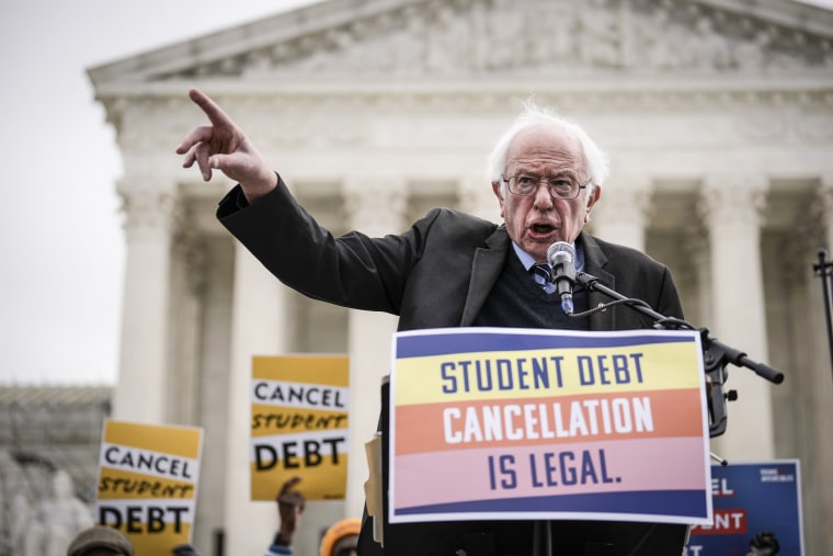 Sen. Bernie Sanders, I-Vt., speaks during a rally in support of the Biden administration's student debt relief plan outside the Supreme Court on Feb. 28, 2023.