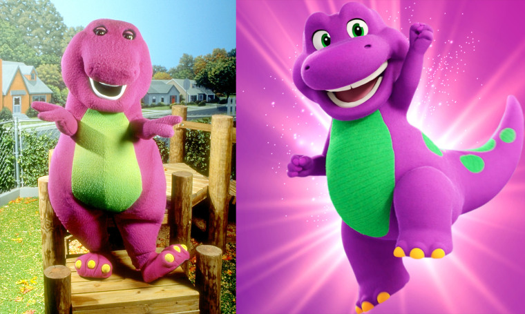 Mattel is swapping the older version of Barney (left) with an animated character (right).
