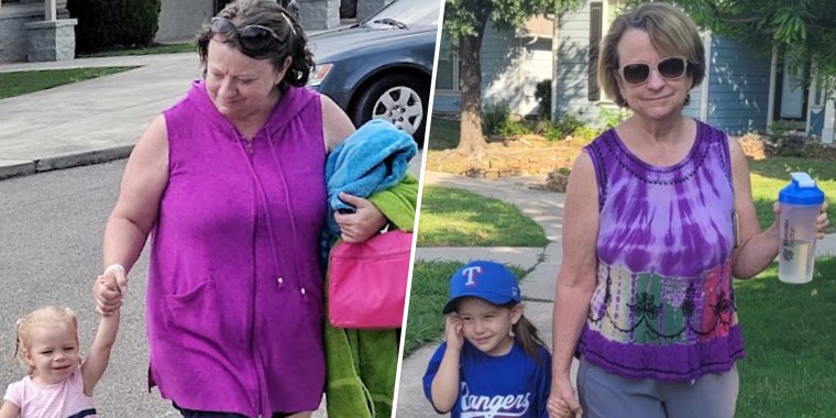 Workman walks with with two of her granddaughters before her weight loss, left, and after.