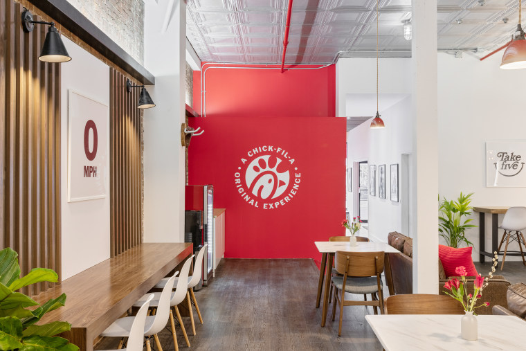 Chick-fil-A's "The Brake Room" is a free space open to the food delivery community on the Upper East Side of Manhattan.