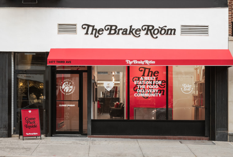 The store front of Chick-fil-A's "Brake Room," a free space open to the food delivery community in the Upper East Side of Manhattan.