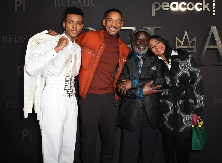 Jabari Banks, Will Smith, Joseph Marcell, and Tatyana Ali attend Peacock's New Series "BEL-AIR" Premiere Party And Drive-Thru Screening Experience at Barker Hangar on February 09, 2022 in Santa Monica, California. 
