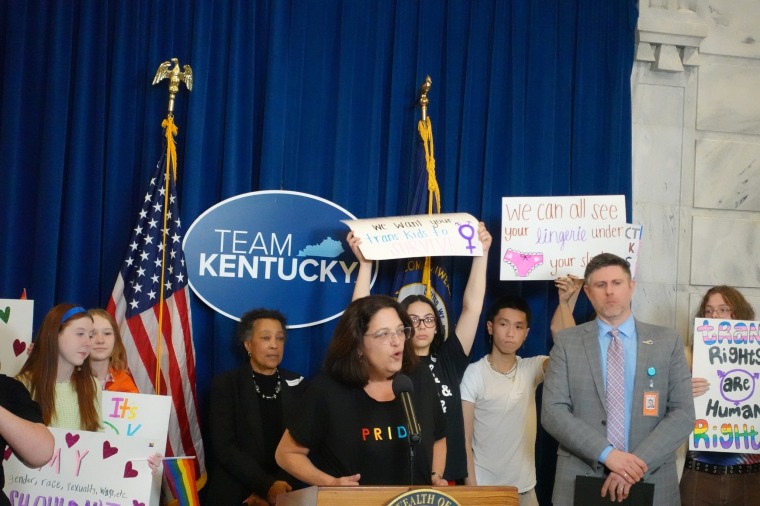 Sen. Karen Berg, giving a speech in favor of LGBTQ+ rights in the state of Kentucky.