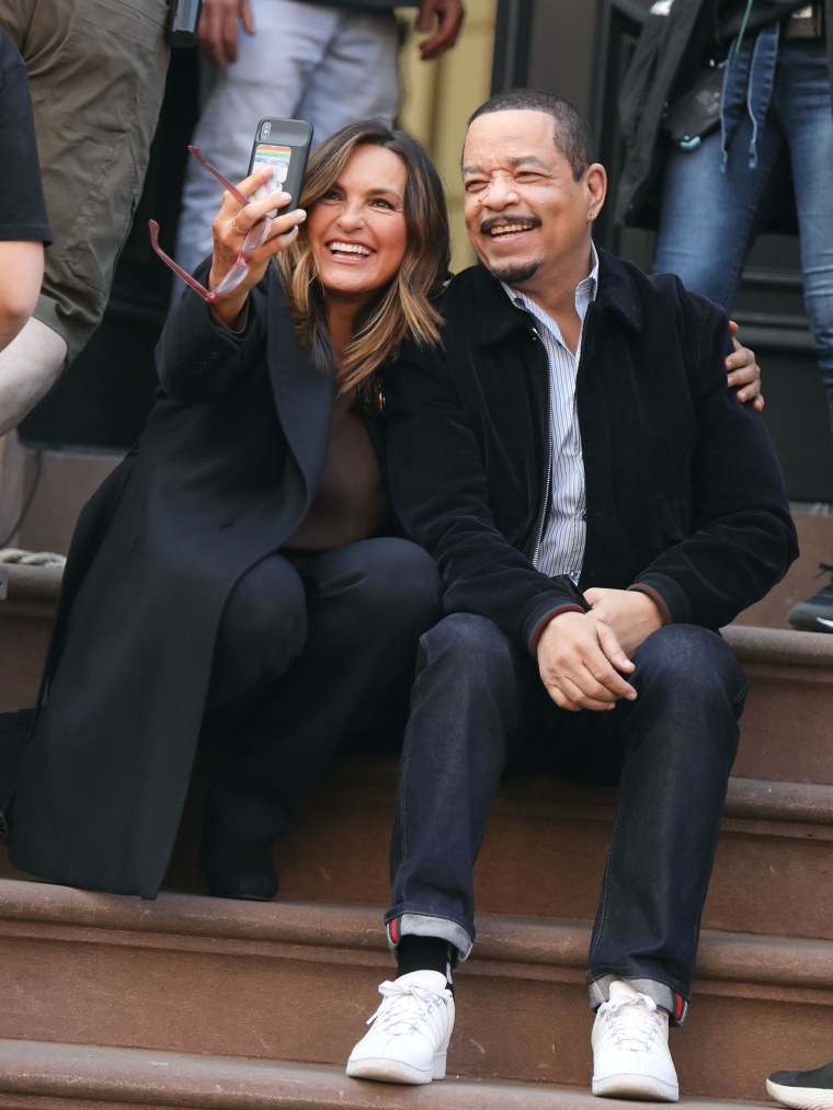 Mariska Hargitay and Ice T are seen at the film set of the 'Law and Order: Special Victims Unit' TV Series on April 12, 2021 in New York City. 