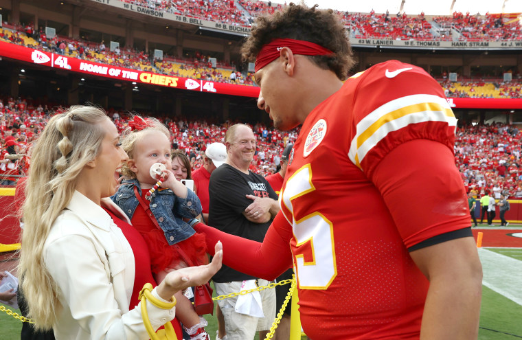 Patrick Mahomes #15 of the Kansas City Chiefs talks his wife, Brittany Matthews, and daughter, Sterling