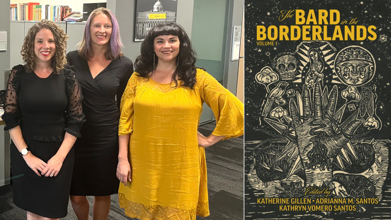 Imagen combo. Del lado izquierdo hay una foto de tres mujeres latinas, las académicas Kathryn Vomero Santos, Katherine Gillen y Adrianna M. Santos. Del lado derecho hay la portada de un libro llamado "The Bard in the Borderlands", que muestra una ilustración de una mano rodeada por motivos latinos como la Virgen de Guadalupe y una cabeza tipo olmeca